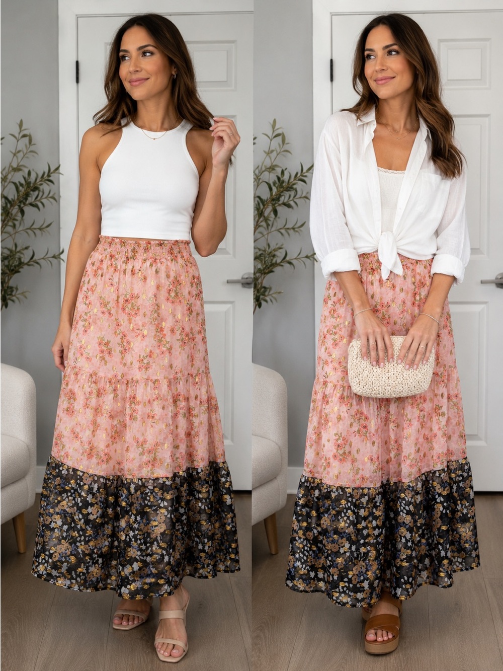 MELLODAY Pink Floral Tiered Maxi Skirt with Black Floral Hem